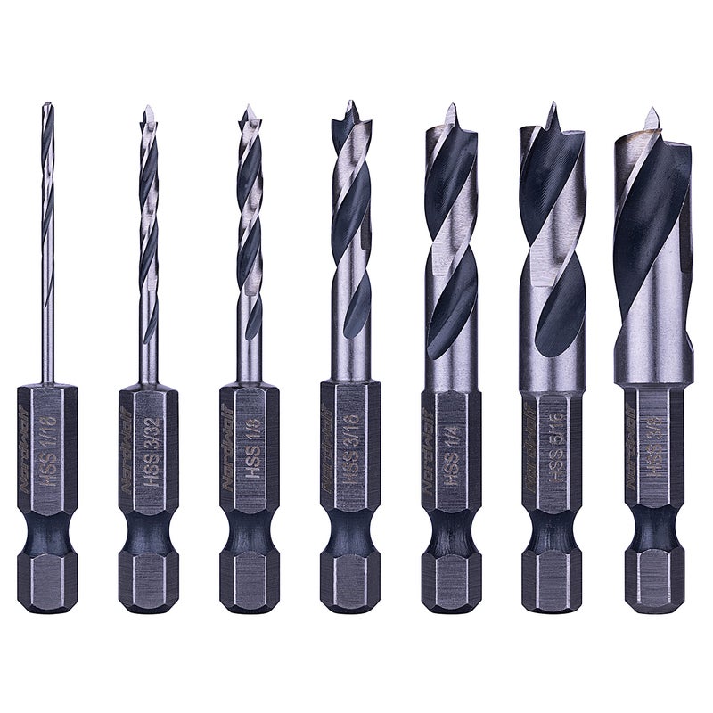 NordWolf 7-Piece HSS Brad Point Stubby Wood Drill Bit Set with 1/4"" Hex Shank for Carpenter Woodworking, SAE Sizes 1/16""-3/32""-1/8""-3/16""-1/4""-5/16""-3/8"" - Image 1
